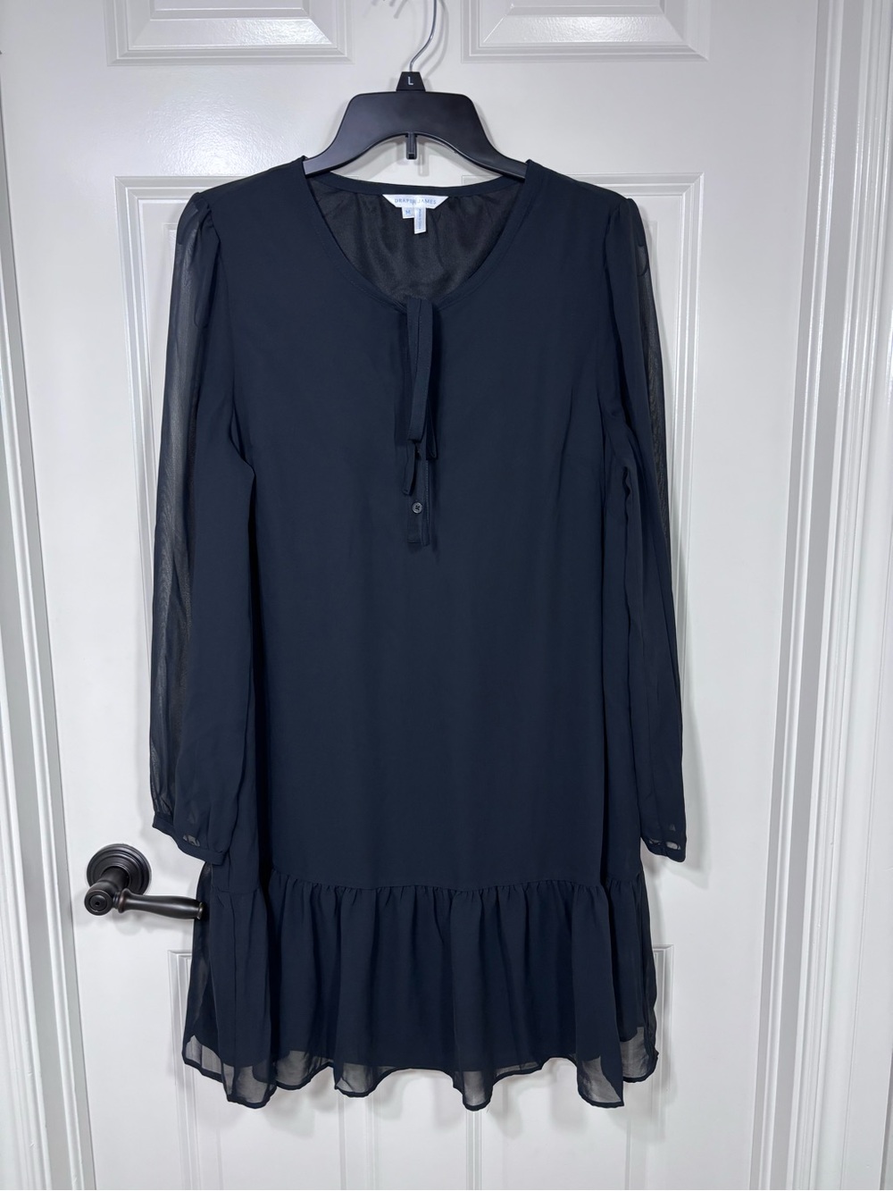 Draper James Long Sleeve Tie-Neck Ruffle Knee Length Dress Women’s M Black